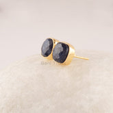 Natural Sapphire Stud Earrings - 925 Sterling Silver - Gold Plated - Natural Gemstone Earrings - Cushion Shape Stone Jewelry